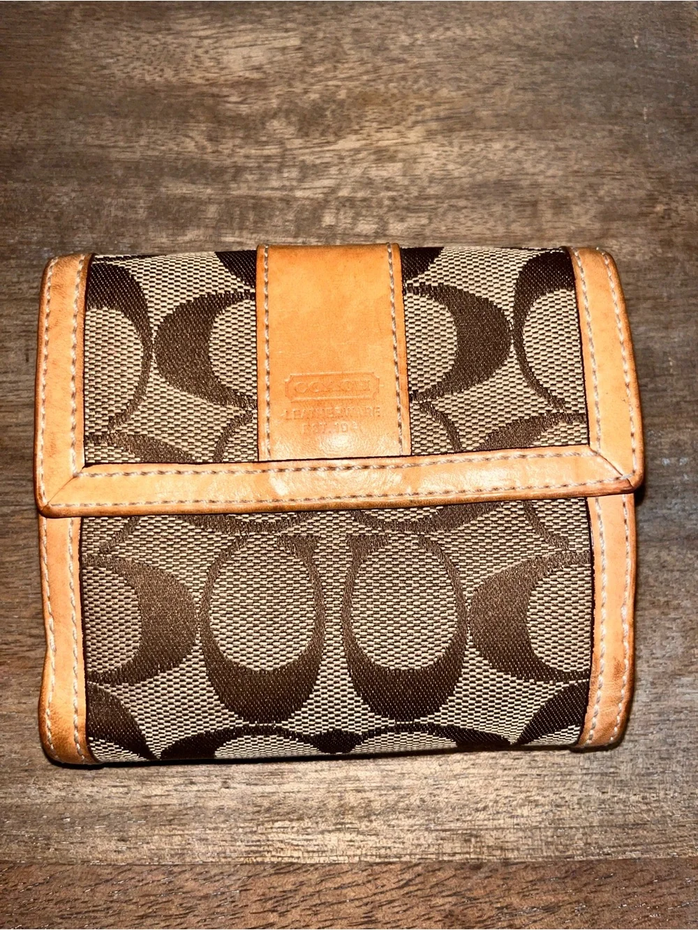 Coach Brown Signature Canvas Bifold Wallet with Tan Leather Trim